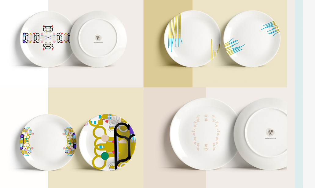Serie, assiettes aux motifs design, art de table. Extrait de l'identité de marque Youpi, aliments à base de protéines d'insecte